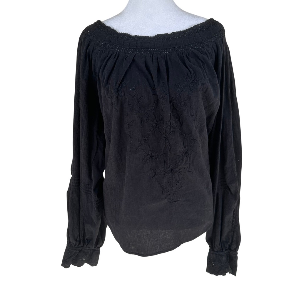Liv‎ Los Angeles Blouse Women 3X Black Boho Embroidered Peasant Top Eyelet Trim